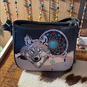 Wolf & Dreamcatcher Pattern Crossbody Bag in Black and Gray